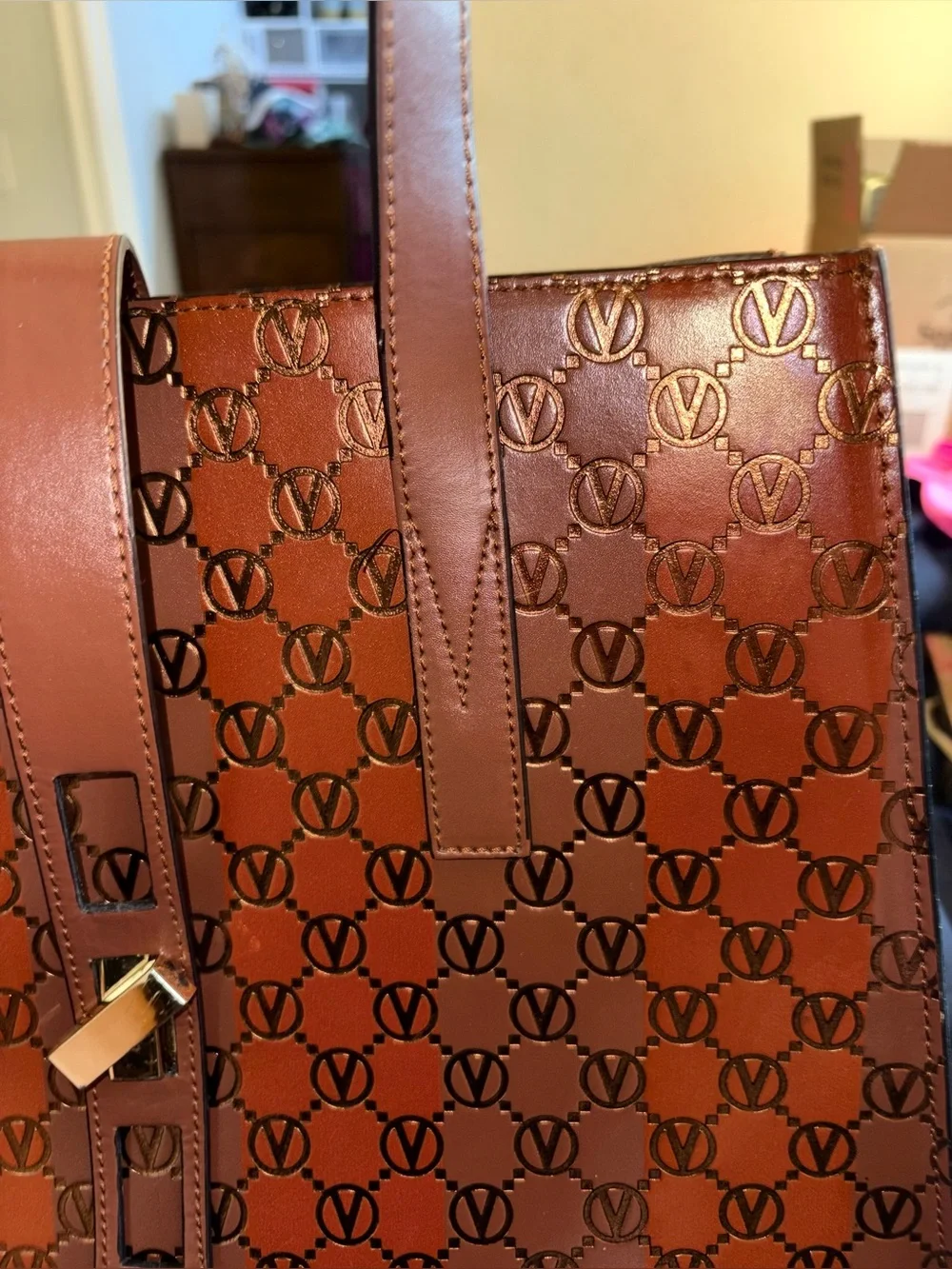 Mario Valentino Spa Brown Monogram Leather Tote with Gold Hardware